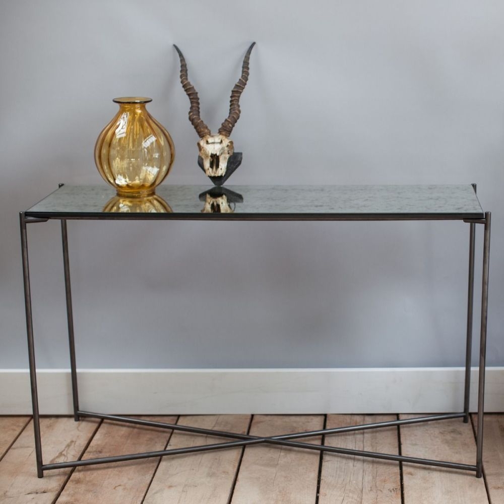 Product photograph of Gillmore Space Iris Antiqued Glass Top Large Console Table With Gun Metal Frame from Choice Furniture Superstore.